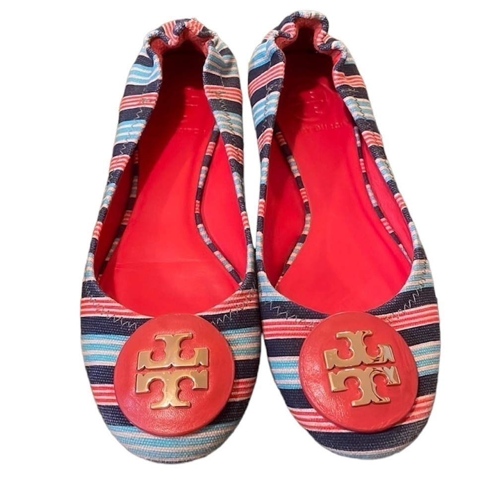 Tory Burch Reva Bauer Stripe Habanero Pepper Canvas Ballet Flats 6.5